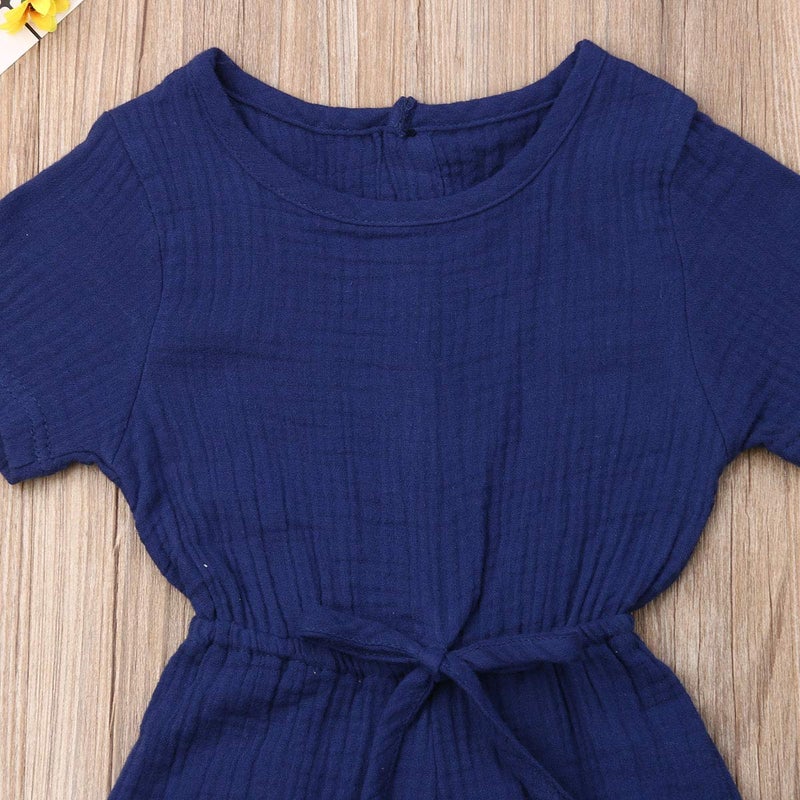 Mubineo Toddler Baby Girl Summer Fall Basic Plain Short Sleeve Cotton Linen Drawstring Romper Jumpsuit (Royal Blue, 2-3T) - Image 4